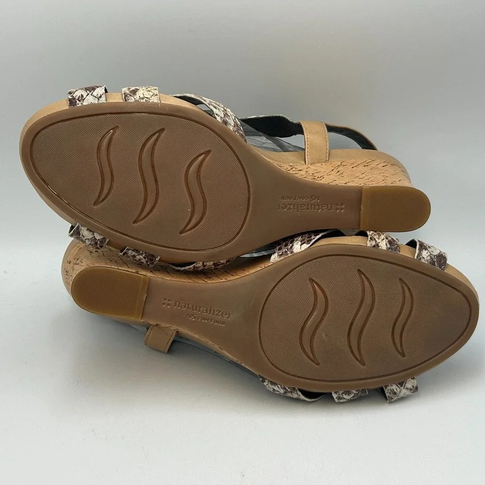 Naturalizer N5 Wedge Heel Sandal Brown Tan Snake Sandal Strappy Womens 9 Cork